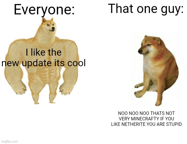 Buff Doge vs. Cheems Meme | Everyone:; That one guy:; I like the new update its cool; NOO NOO NOO THATS NOT VERY MINECRAFTY IF YOU LIKE NETHERITE YOU ARE STUPID | image tagged in memes,buff doge vs cheems | made w/ Imgflip meme maker