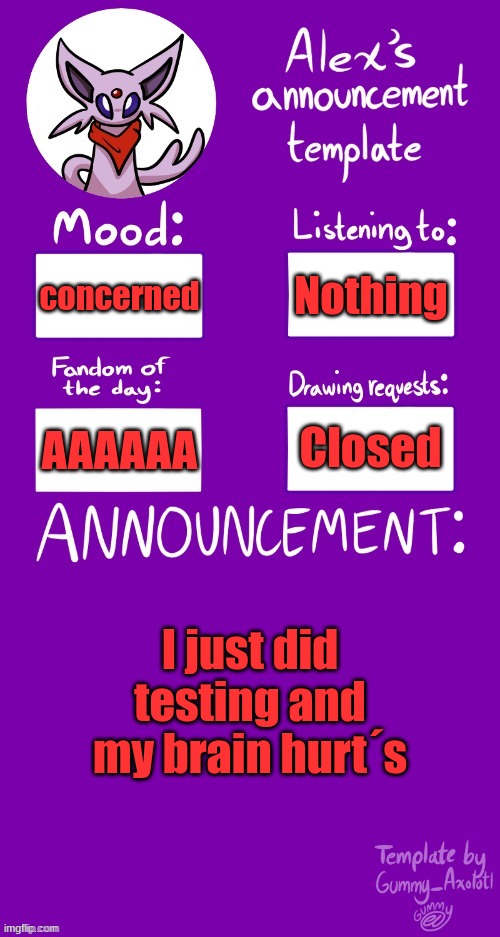 :´³ | Nothing; concerned; Closed; AAAAAA; I just did testing and my brain hurt´s | image tagged in alex s template | made w/ Imgflip meme maker