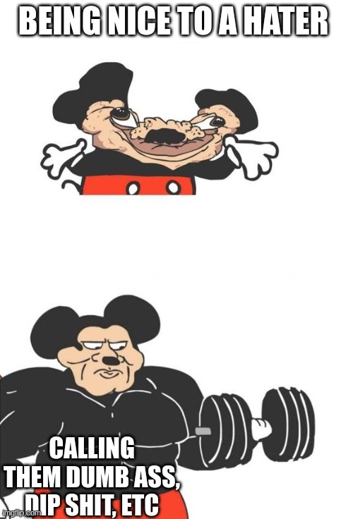 idk know why some people be nice to them | BEING NICE TO A HATER; CALLING THEM DUMB ASS, DIP SHIT, ETC | image tagged in buff mickey mouse | made w/ Imgflip meme maker
