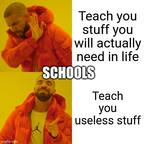 Random Funny Memes 6 | Teach you stuff you will actually need in life; SCHOOLS; Teach you useless stuff | image tagged in memes,drake hotline bling | made w/ Imgflip meme maker