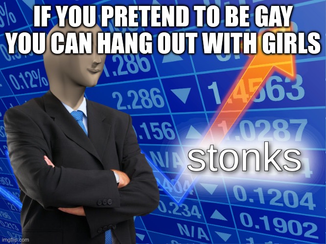 stonks | IF YOU PRETEND TO BE GAY YOU CAN HANG OUT WITH GIRLS | image tagged in stonks | made w/ Imgflip meme maker
