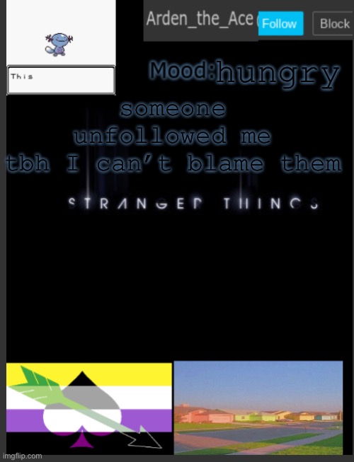 idk yeah | hungry; someone unfollowed me
tbh I can’t blame them | image tagged in arden the ace's template | made w/ Imgflip meme maker