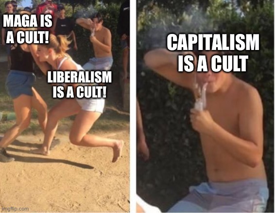 Red Fish, Blue Fish | MAGA IS
A CULT! CAPITALISM
IS A CULT; LIBERALISM
IS A CULT! | image tagged in dabbing dude | made w/ Imgflip meme maker