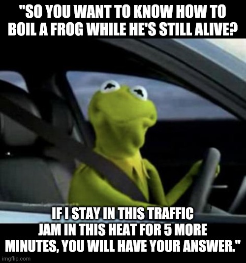 Kermit In Traffic | "SO YOU WANT TO KNOW HOW TO BOIL A FROG WHILE HE'S STILL ALIVE? IF I STAY IN THIS TRAFFIC JAM IN THIS HEAT FOR 5 MORE MINUTES, YOU WILL HAVE YOUR ANSWER." | image tagged in kermit driving,kermit the frog,frog,puppet,traffic jam | made w/ Imgflip meme maker