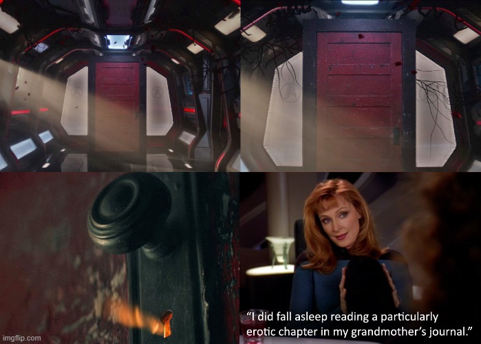 No wonder jack crusher is afraid of what is on the other side of the door | image tagged in star trek,star trek picard,picard,red door,jack crusher,beverly crusher | made w/ Imgflip meme maker