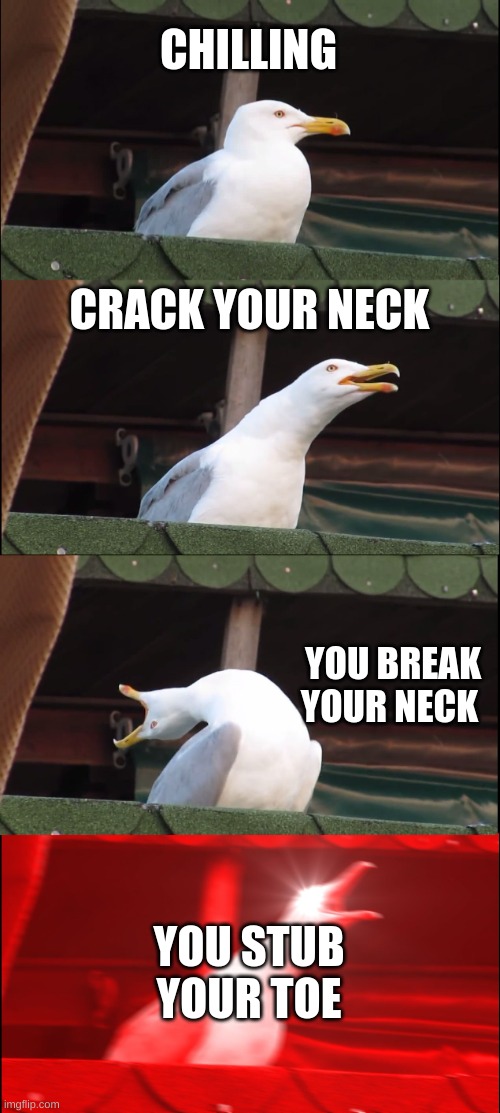 hurtful times | CHILLING; CRACK YOUR NECK; YOU BREAK YOUR NECK; YOU STUB YOUR TOE | image tagged in memes,inhaling seagull | made w/ Imgflip meme maker