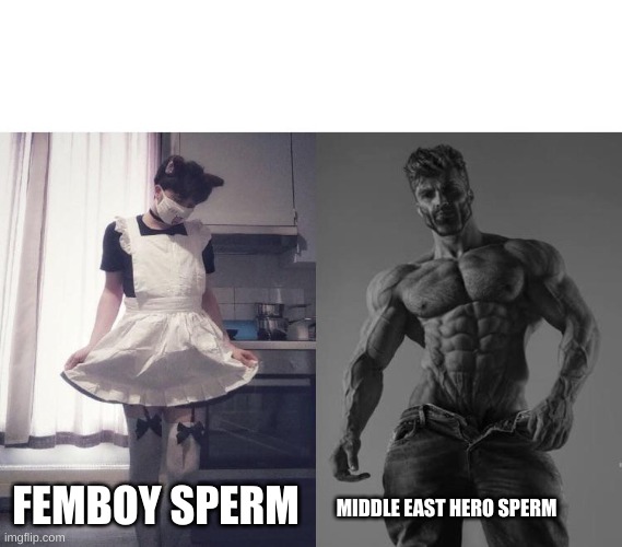 Giga chad vs femboy | MIDDLE EAST HERO SPERM FEMBOY SPERM | image tagged in giga chad vs femboy | made w/ Imgflip meme maker