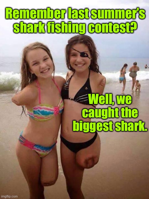 Caught it by hand | Remember last summer’s shark fishing contest? Well, we caught the biggest shark. | image tagged in memes amputated girls shark bite survivors,shark fishing,contest winners | made w/ Imgflip meme maker