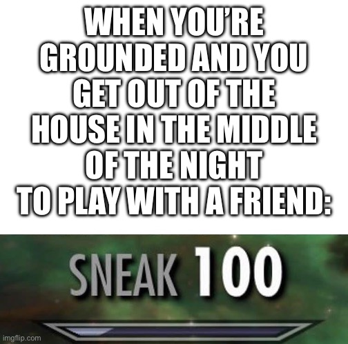 Sneak 100 | WHEN YOU’RE GROUNDED AND YOU GET OUT OF THE HOUSE IN THE MIDDLE OF THE NIGHT TO PLAY WITH A FRIEND: | image tagged in sneak 100 | made w/ Imgflip meme maker