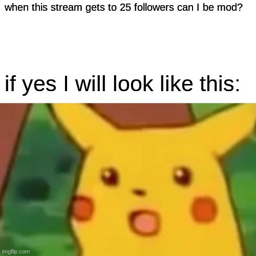 Surprised Pikachu | when this stream gets to 25 followers can I be mod? if yes I will look like this: | image tagged in memes,surprised pikachu | made w/ Imgflip meme maker