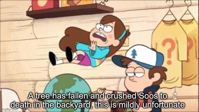 mabel fall | A tree has fallen and crushed Soos to death in the backyard, this is mildly unfortunate | image tagged in mabel fall | made w/ Imgflip meme maker