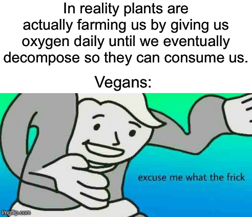 Deep thoughts | In reality plants are actually farming us by giving us oxygen daily until we eventually decompose so they can consume us. Vegans: | image tagged in excuse me what the frick,memes,funny,deep thoughts,wait what,funny memes | made w/ Imgflip meme maker