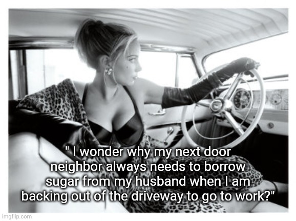 I Wonder Why | " I wonder why my next door neighbor always needs to borrow sugar from my husband when I am backing out of the driveway to go to work?" | image tagged in driving herself home 3,woman,neighbor,affair,funny memes,1950s | made w/ Imgflip meme maker