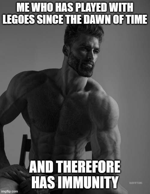 Giga Chad | ME WHO HAS PLAYED WITH LEGOES SINCE THE DAWN OF TIME AND THEREFORE HAS IMMUNITY | image tagged in giga chad | made w/ Imgflip meme maker