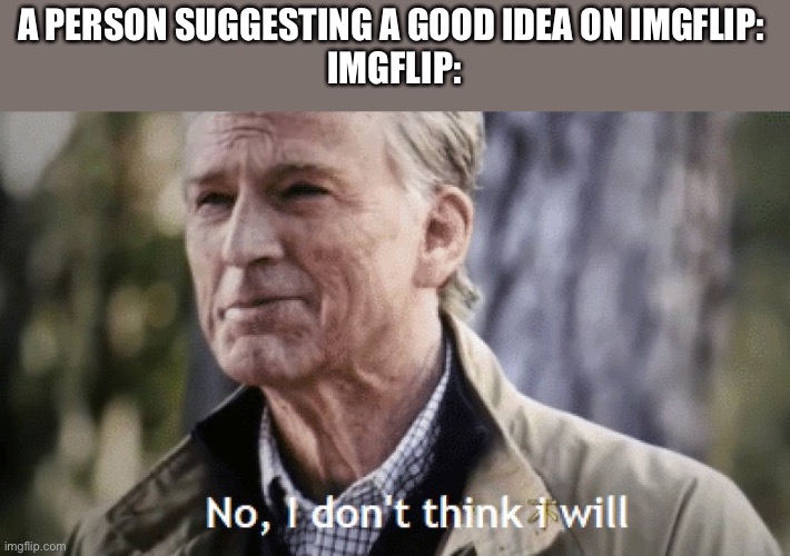 No, i dont think i will | A PERSON SUGGESTING A GOOD IDEA ON IMGFLIP: 
IMGFLIP: | image tagged in no i dont think i will | made w/ Imgflip meme maker