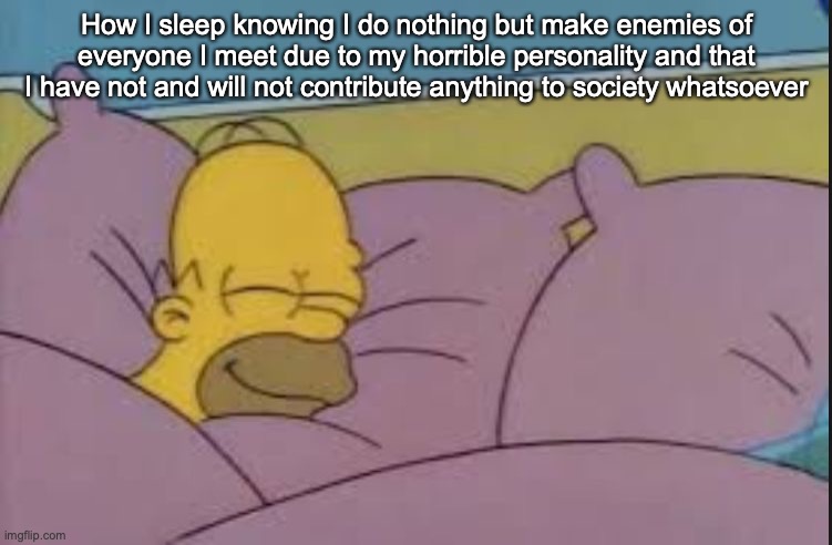 how i sleep homer simpson | How I sleep knowing I do nothing but make enemies of everyone I meet due to my horrible personality and that I have not and will not contribute anything to society whatsoever | image tagged in how i sleep homer simpson | made w/ Imgflip meme maker