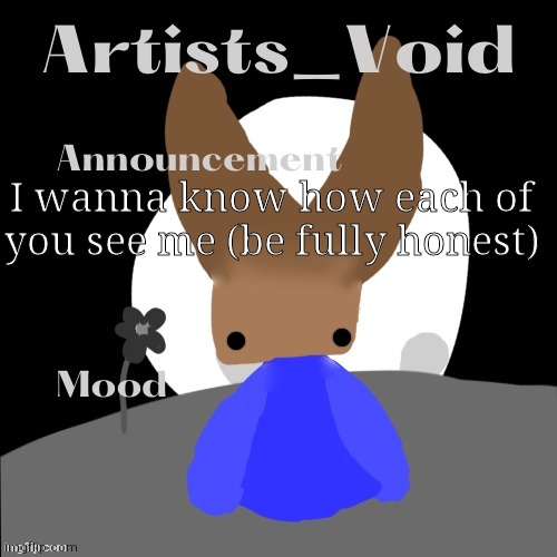 Part 2 of celebration (I guess) | I wanna know how each of you see me (be fully honest) | image tagged in artists_void announcement temp | made w/ Imgflip meme maker
