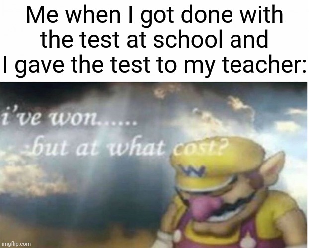 School memes | Me when I got done with the test at school and I gave the test to my teacher: | image tagged in i won but at what cost,memes | made w/ Imgflip meme maker