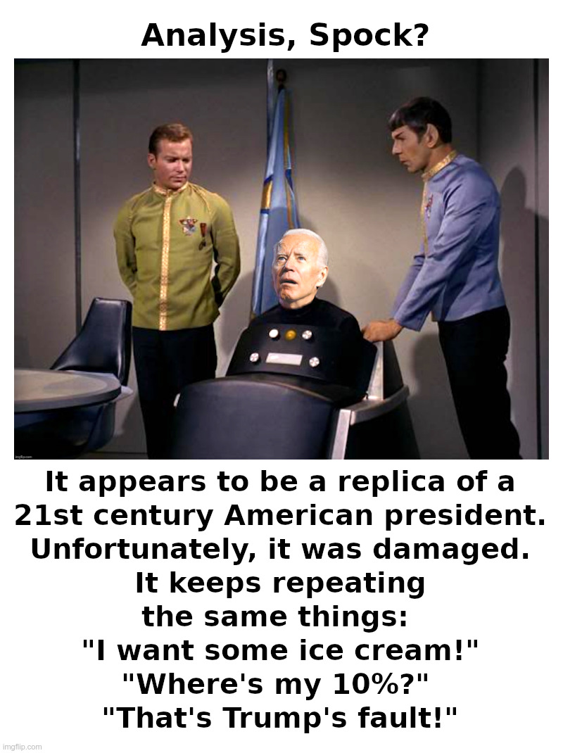 Analysis, Spock? | image tagged in star trek,captain kirk,mr spock,joe biden,replica,brain damage | made w/ Imgflip meme maker