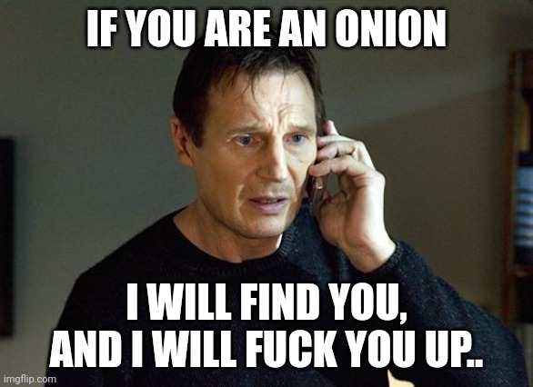 Liam Neeson Taken 2 Meme | IF YOU ARE AN ONION; I WILL FIND YOU, AND I WILL FUCK YOU UP.. | image tagged in memes,liam neeson taken 2 | made w/ Imgflip meme maker
