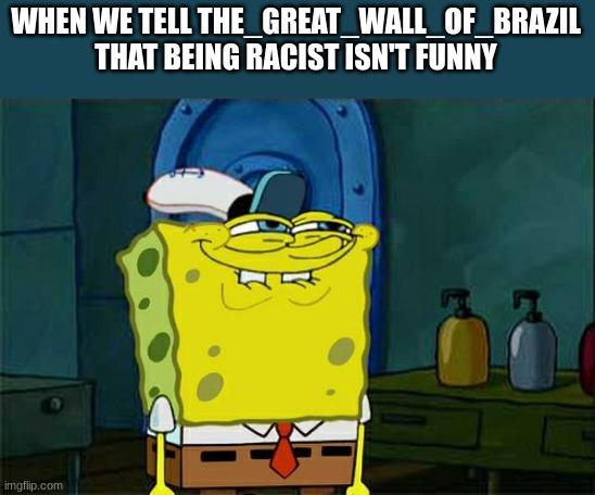 Don't You Squidward | WHEN WE TELL THE_GREAT_WALL_OF_BRAZIL
THAT BEING RACIST ISN'T FUNNY | image tagged in memes,don't you squidward | made w/ Imgflip meme maker