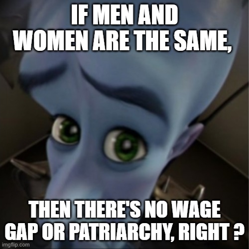 Megamind peeking | IF MEN AND WOMEN ARE THE SAME, THEN THERE'S NO WAGE GAP OR PATRIARCHY, RIGHT ? | image tagged in megamind peeking | made w/ Imgflip meme maker