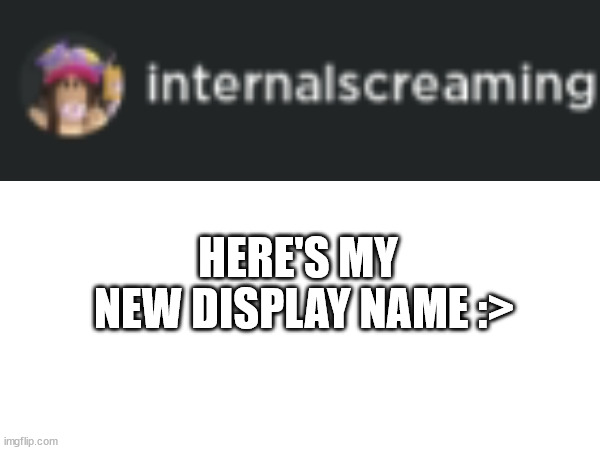 NEW DISPLAY NAME ON ROBLOX | NEW DISPLAY NAME :>; HERE'S MY | image tagged in roblox | made w/ Imgflip meme maker