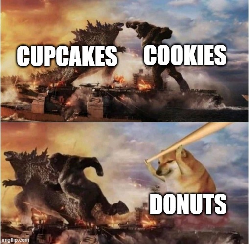 Kong Godzilla Doge | COOKIES; CUPCAKES; DONUTS | image tagged in kong godzilla doge,cupcakes,cookies,donuts,godzilla vs kong,legendary | made w/ Imgflip meme maker