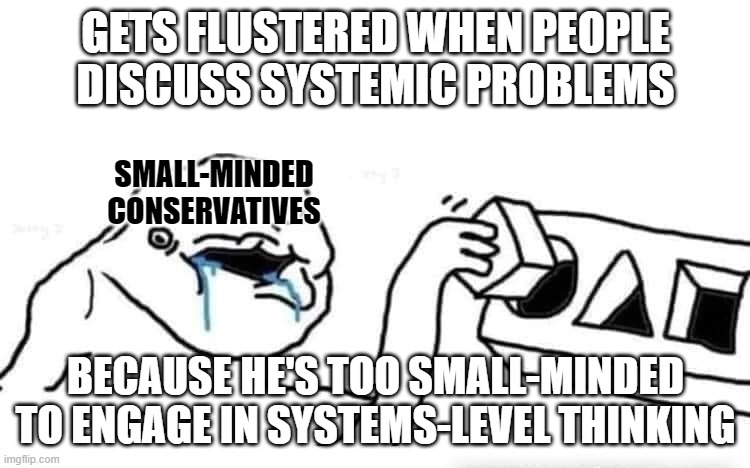 HOW you think is at least as important as WHAT you think. Have you given any thought to how you think? | GETS FLUSTERED WHEN PEOPLE
DISCUSS SYSTEMIC PROBLEMS; SMALL-MINDED
CONSERVATIVES; BECAUSE HE'S TOO SMALL-MINDED TO ENGAGE IN SYSTEMS-LEVEL THINKING | image tagged in stupid dumb drooling puzzle,system,conservative logic,thinking,think about it,we live in a society | made w/ Imgflip meme maker