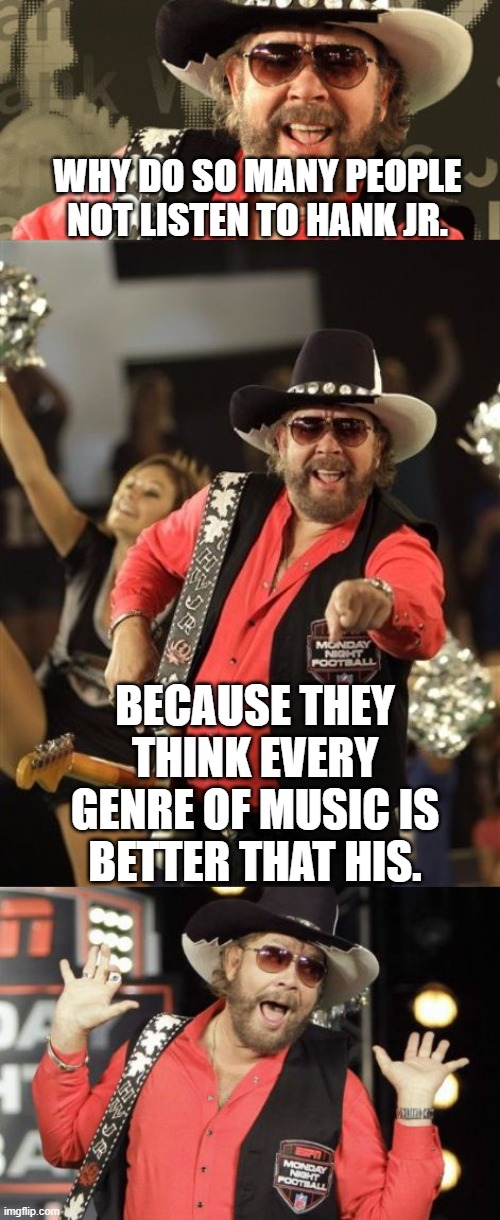 Bad Pun Hank Jr | WHY DO SO MANY PEOPLE NOT LISTEN TO HANK JR. BECAUSE THEY THINK EVERY GENRE OF MUSIC IS BETTER THAT HIS. | image tagged in bad pun hank jr | made w/ Imgflip meme maker