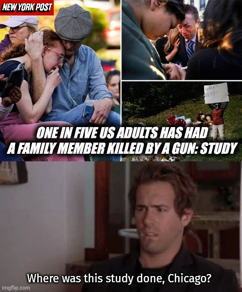 Not sure about those numbers. | ONE IN FIVE US ADULTS HAS HAD A FAMILY MEMBER KILLED BY A GUN: STUDY; Where was this study done, Chicago? | image tagged in confused | made w/ Imgflip meme maker