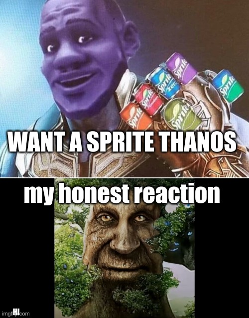 wisdom tree knows all | WANT A SPRITE THANOS; my honest reaction; HI | image tagged in tree,fun,marvel,wanna sprite cranberry,sprite,reaction | made w/ Imgflip meme maker