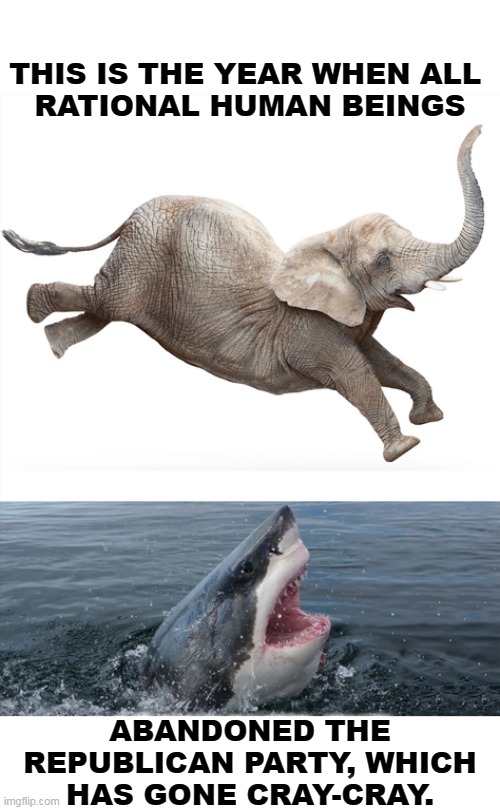 Jump! | THIS IS THE YEAR WHEN ALL 
RATIONAL HUMAN BEINGS; ABANDONED THE REPUBLICAN PARTY, WHICH HAS GONE CRAY-CRAY. | image tagged in republican party,elephant,jump,shark,crazy | made w/ Imgflip meme maker