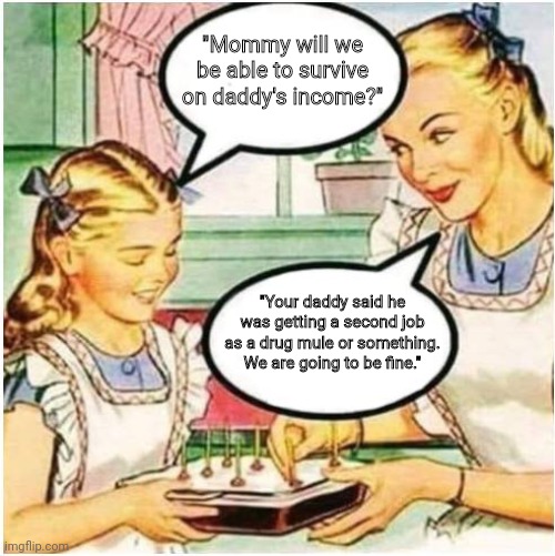 Will We Mommy? | "Mommy will we be able to survive on daddy's income?"; "Your daddy said he was getting a second job as a drug mule or something. We are going to be fine." | image tagged in mommy what is blank,drugs,daddy,1950s,birthday,funny memes | made w/ Imgflip meme maker