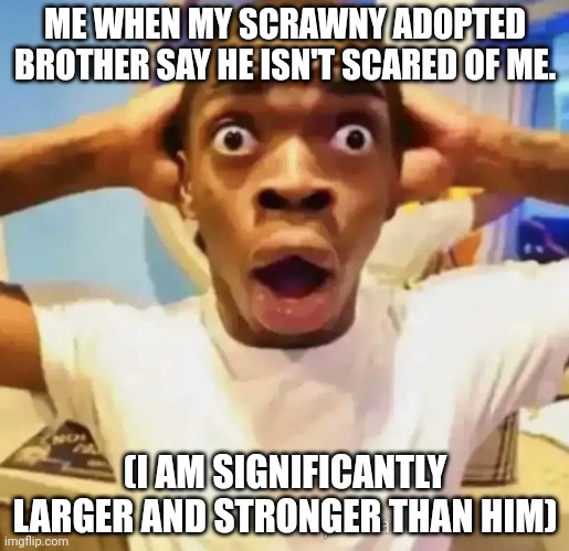 Shocked black guy | ME WHEN MY SCRAWNY ADOPTED BROTHER SAY HE ISN'T SCARED OF ME. (I AM SIGNIFICANTLY LARGER AND STRONGER THAN HIM) | image tagged in shocked black guy | made w/ Imgflip meme maker