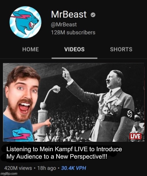 time to cancel | Listening to Mein Kampf LIVE to Introduce 
My Audience to a New Perspective!!! | image tagged in mrbeast thumbnail template | made w/ Imgflip meme maker