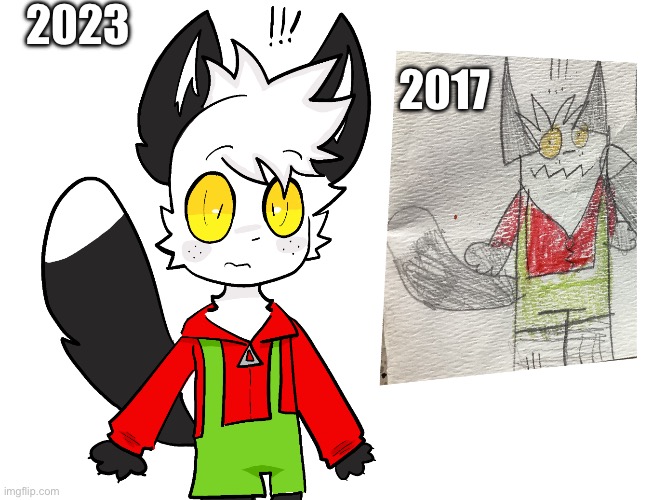 I remade a drawing from 5 years ago (when I was 8), and here’s the improvement. Try and guess what type of animal he is, you’ll  | 2023; 2017 | image tagged in 2017,2023,improvement,drawings | made w/ Imgflip meme maker