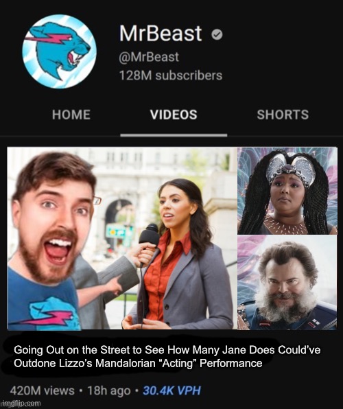 MEGA W MrBeast | Going Out on the Street to See How Many Jane Does Could’ve 
Outdone Lizzo’s Mandalorian “Acting” Performance | image tagged in mrbeast thumbnail template | made w/ Imgflip meme maker