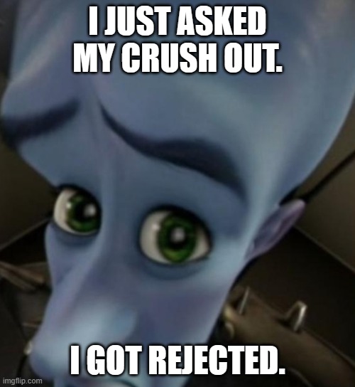 those sad days | I JUST ASKED MY CRUSH OUT. I GOT REJECTED. | image tagged in megamind no bitches | made w/ Imgflip meme maker