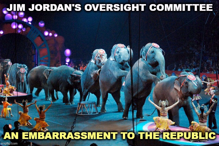 Jordan's not-very-entertaining circus | JIM JORDAN'S OVERSIGHT COMMITTEE; AN EMBARRASSMENT TO THE REPUBLIC | image tagged in jim jordan,circus,clown,elephant | made w/ Imgflip meme maker