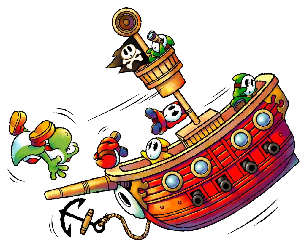 Green Yoshi on Pirate Ship with Green Yellow Red Shy Guys Blank Meme Template