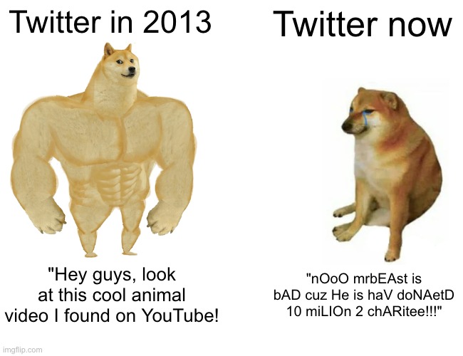 Twitter, Y U NO GTFO??? | Twitter in 2013; Twitter now; "Hey guys, look at this cool animal video I found on YouTube! "nOoO mrbEAst is bAD cuz He is haV doNAetD 10 miLIOn 2 chARitee!!!" | image tagged in memes,buff doge vs cheems | made w/ Imgflip meme maker