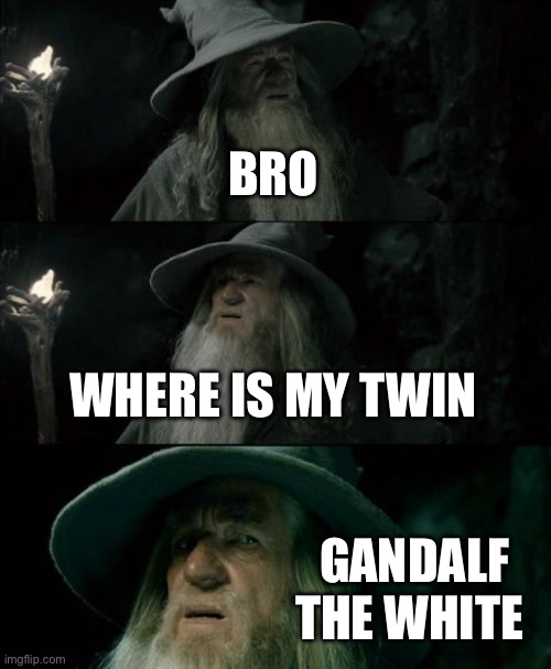Where is my twin? | BRO; WHERE IS MY TWIN; GANDALF THE WHITE | image tagged in memes,confused gandalf,gandalf,lord of the rings | made w/ Imgflip meme maker