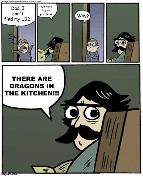 Oh, dad. | We have bigger problems; Dad, I can't find my LSD! Why? THERE ARE DRAGONS IN THE KITCHEN!!! | image tagged in stare dad | made w/ Imgflip meme maker