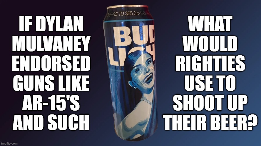 dumb fncks... | IF DYLAN
MULVANEY
ENDORSED
GUNS LIKE
AR-15'S
AND SUCH; WHAT
WOULD
RIGHTIES
USE TO
SHOOT UP
THEIR BEER? | image tagged in bud light,transgender,snowflakes,ar15,gun violence | made w/ Imgflip meme maker