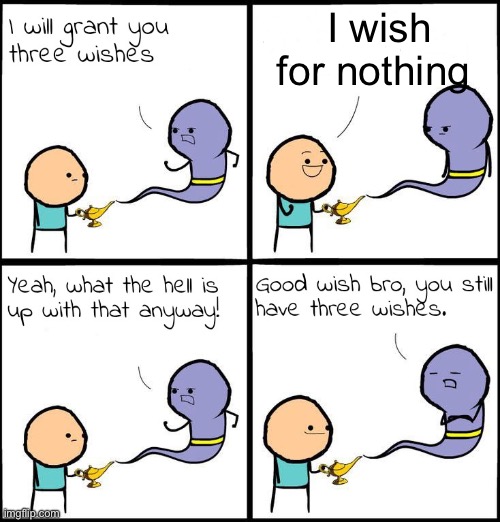 nothing? | I wish for nothing | image tagged in 3 wishes,nothing,memes,wish | made w/ Imgflip meme maker