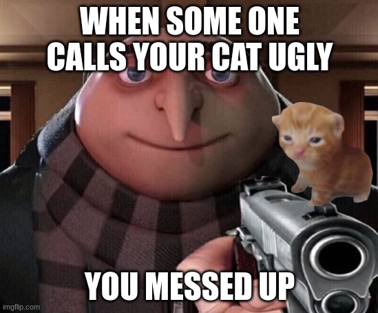 Gru Gun | WHEN SOME ONE CALLS YOUR CAT UGLY; YOU MESSED UP | image tagged in gru gun | made w/ Imgflip meme maker