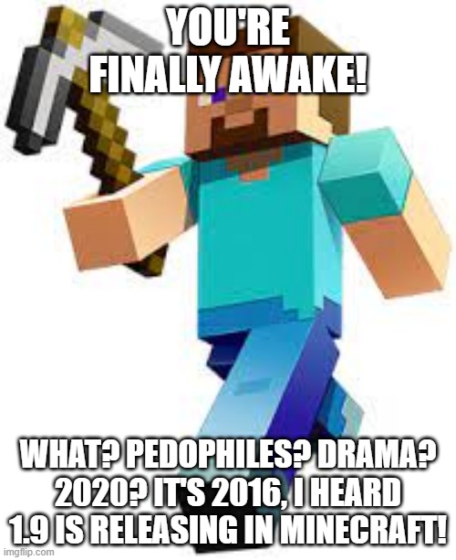 2016 (repost because i didn't fill the entire thing.) | YOU'RE FINALLY AWAKE! WHAT? PEDOPHILES? DRAMA? 2020? IT'S 2016, I HEARD 1.9 IS RELEASING IN MINECRAFT! | image tagged in minecraft steve,nostalgia | made w/ Imgflip meme maker