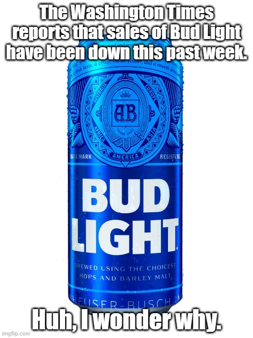 The Washington Times reports that sales of Bud Light have been down this past week. Huh, I wonder why. | made w/ Imgflip meme maker