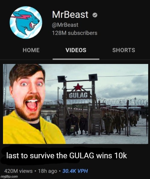 wow i actually made a good meme | last to survive the GULAG wins 10k | image tagged in mrbeast thumbnail template,funny,dank memes | made w/ Imgflip meme maker